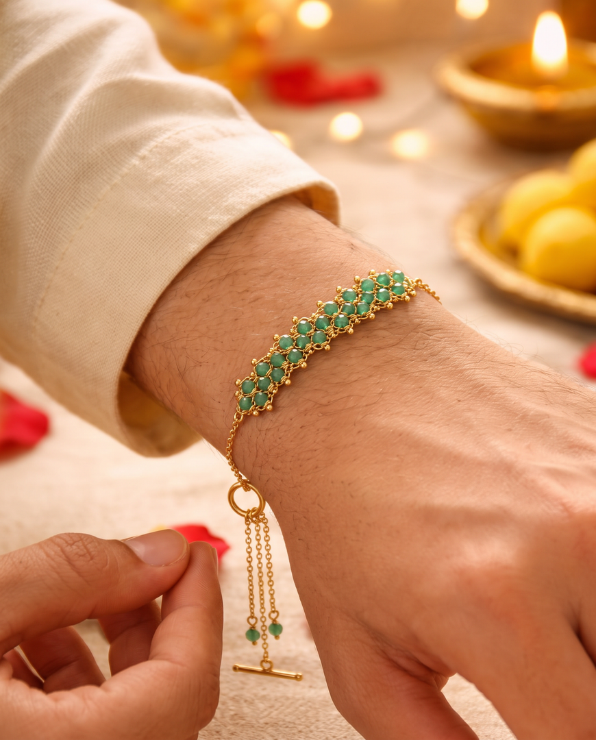Green Strawberry Gemstone weave Rakhi