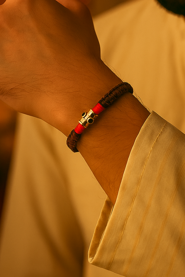Silver-Black Spinel Brown and Red Thread Rakhi